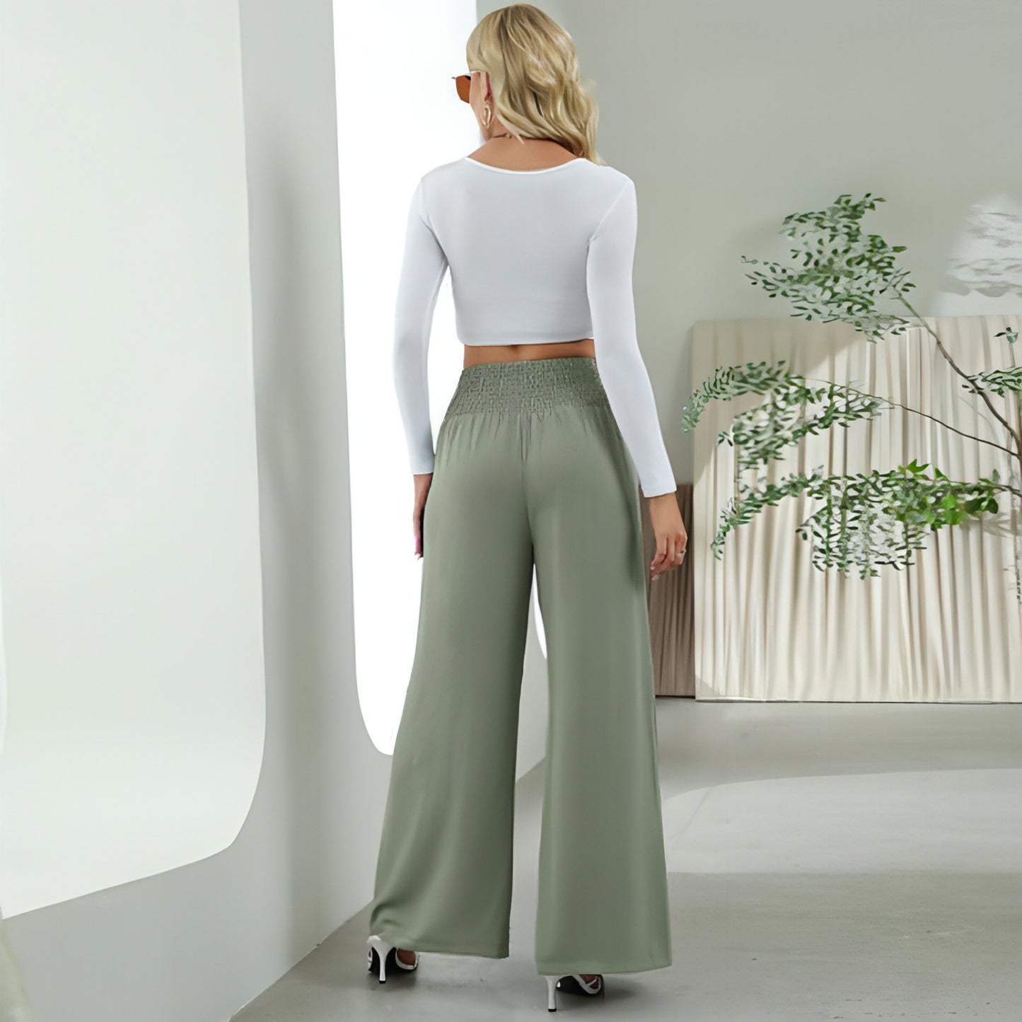 Modische gerade Hose mit weitem Bein, elastische, hohe Taille, Freizeithose für Damen