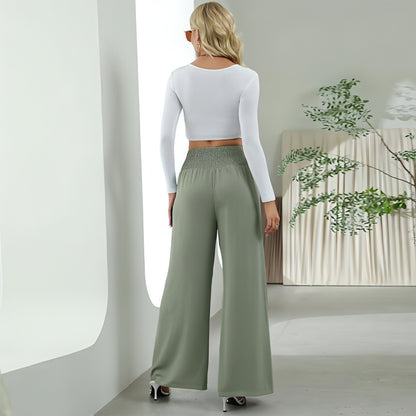 Modische gerade Hose mit weitem Bein, elastische, hohe Taille, Freizeithose für Damen