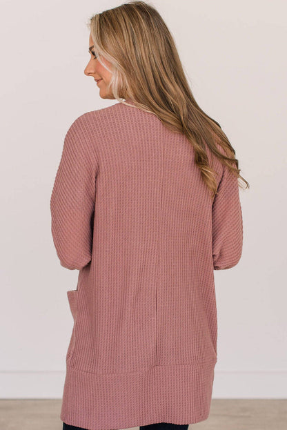 Cardigan in maglia waffle tinta unita rosso minerale con tasca