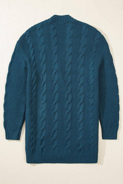 Peacock Blue Cable Knit Dugme s prednjim džepom vrećast kardigan