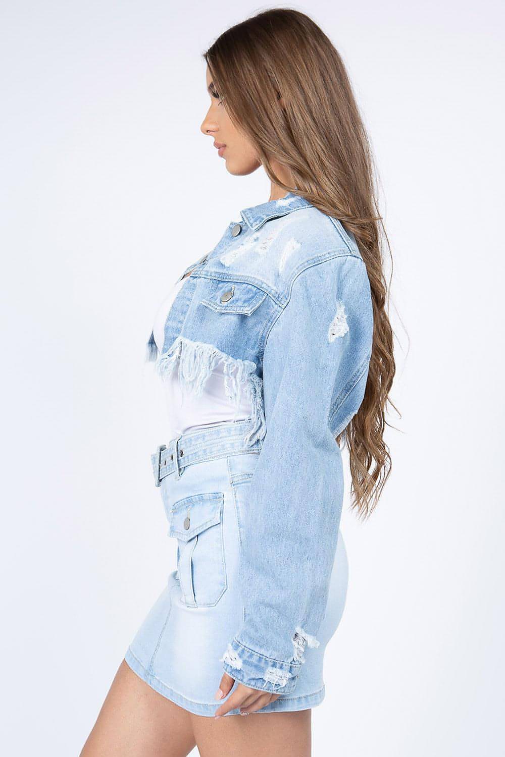 American Bazi Distressed Denim Jacket with Frayed Hem Women