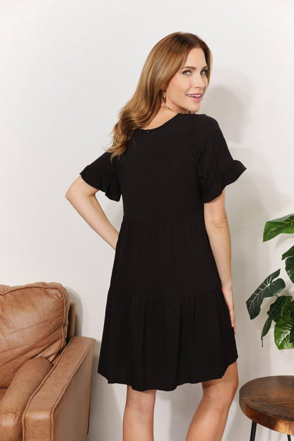 Mandy V-Neck Flounce Sleeve Steiled Dress