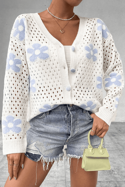 White Flower Knit Hollow Out Open Kort Cardigan