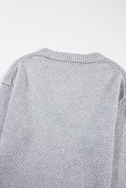 Light Grey Loose Eyelet V Neck Drop Shoulder Sweater