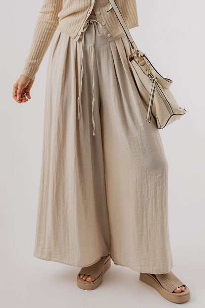 Beige Drawstring Waist Pleated Wide Leg Casual Pants