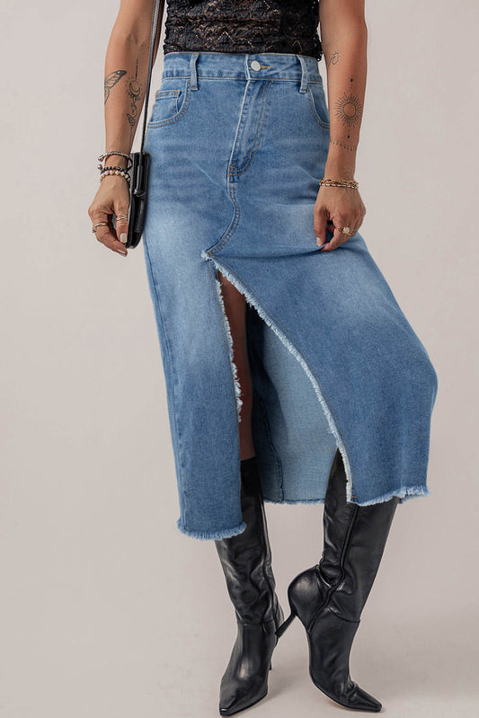 Ljusblå frayed slits asymmetrisk denim midi kjol