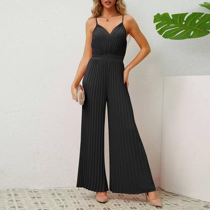 V-neck Suspender Pleated Jumpsuit Women