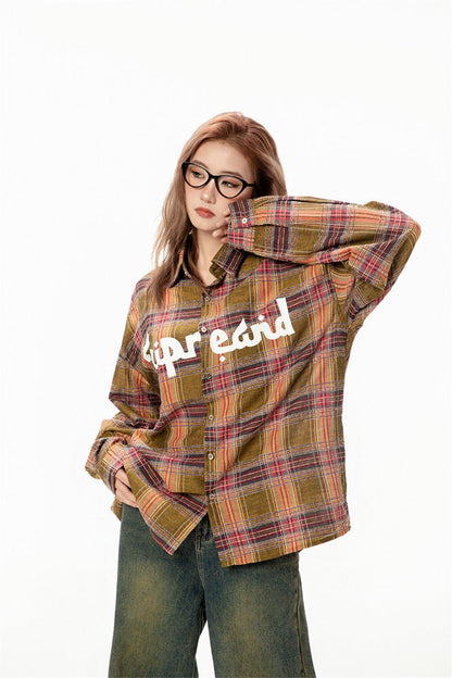 Color-contrast Check Letter Printed Long Sleeve DressShirt