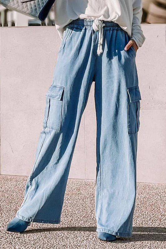 Sky Blue Drawstring High Taille Cargo Pocket Wide Leg Jeans