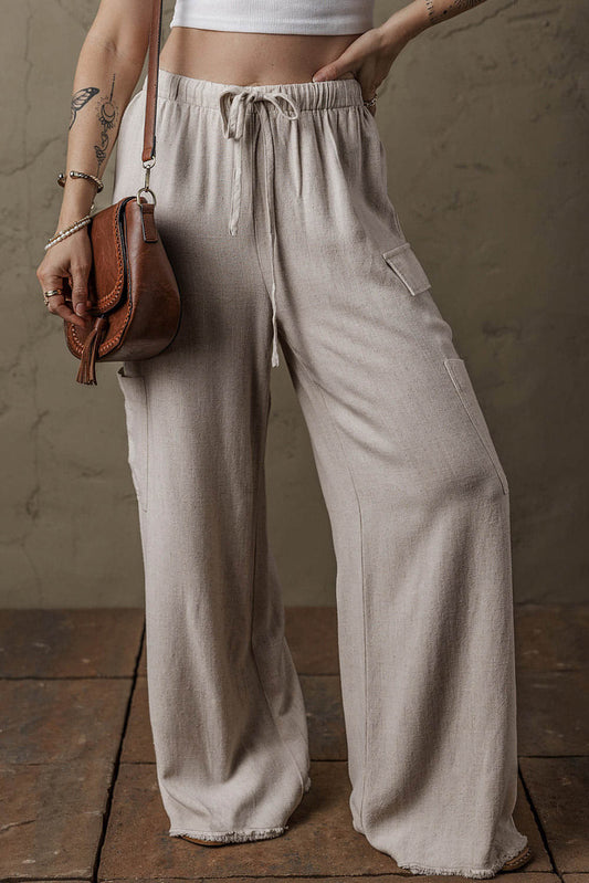 Pantalones cargo holgados con borde sin rematar y cintura con cordón de lino estilo bohemio beige