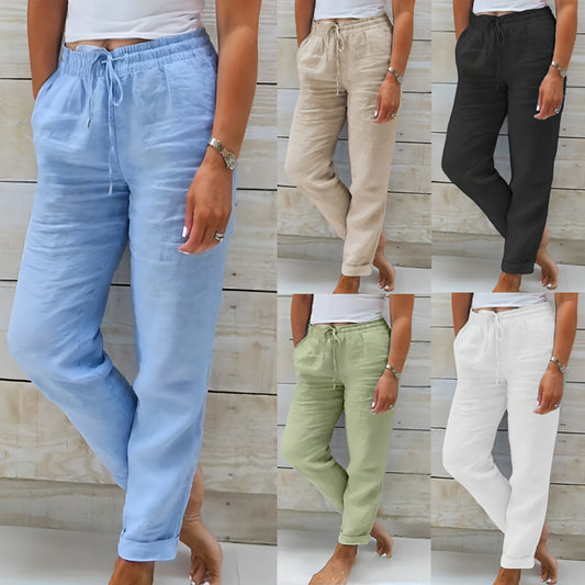 Women's High Waist Elastic Cotton And Linen Casual Pants