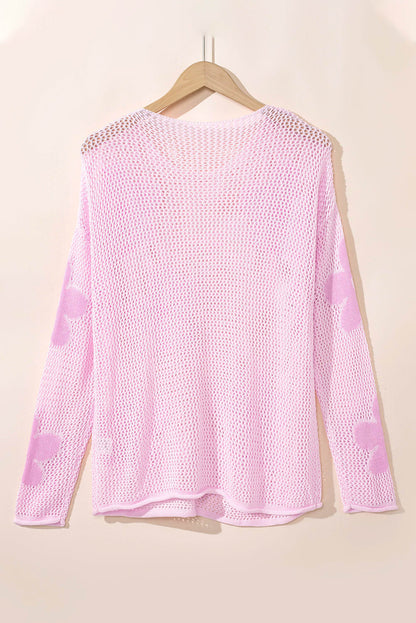 Maglione con spalle scese in maglia lavorata a fiore grande rosa chiaro