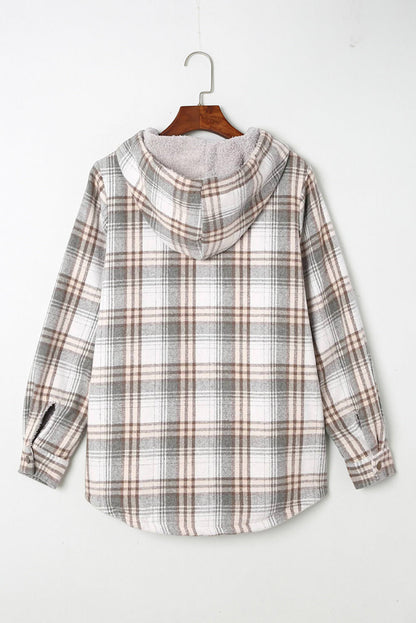 Gray Plaid Pattern Sherpa Lined Hooded Shacket