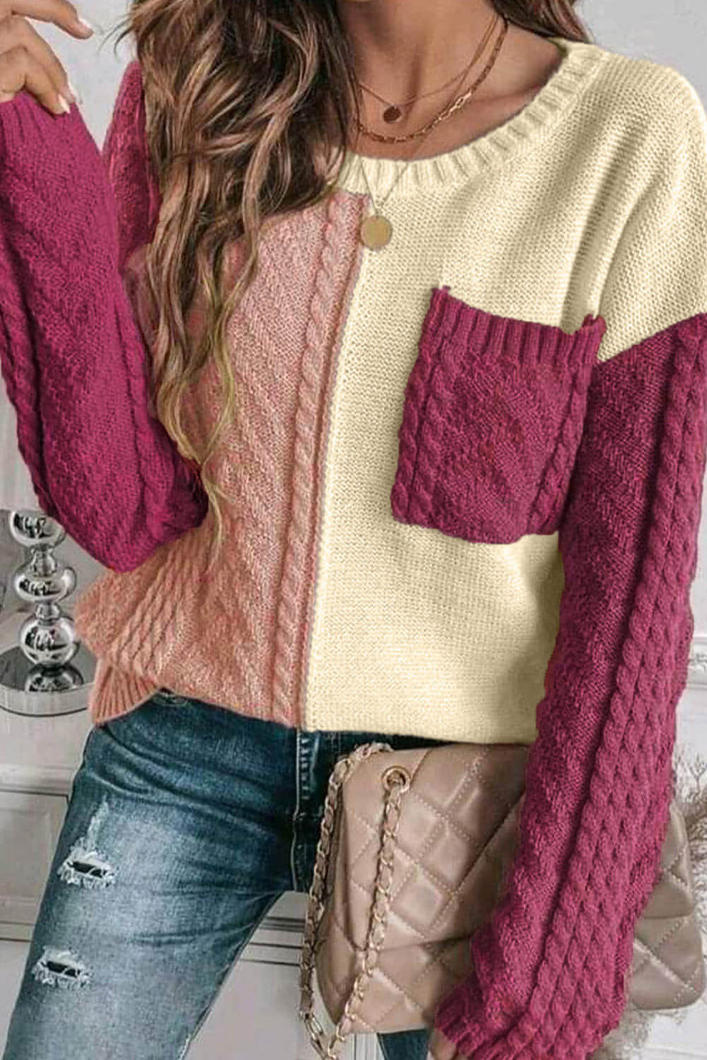 Maglione con spalla abbassata con tasca applicata color marrone chiaro