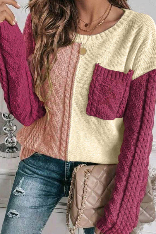 Rose Tan Colorblock Pocket Pocket Drop Sweater