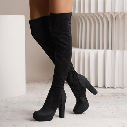 Neu Lange Stiefel Für Frauen Elastische Wildleder Hohe Quadratische Ferse Über-die-knie Stiefel Fashion