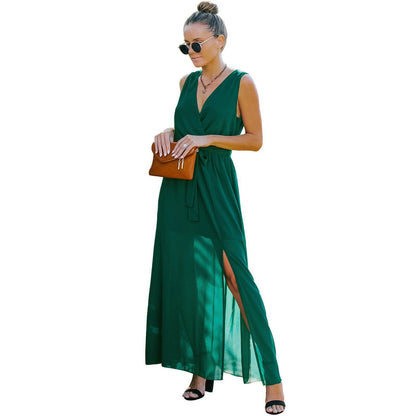 European And American V Neck Dress Women's Long Skirt