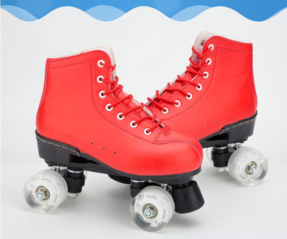 Big Red Cowhide Double Row Skates With Flashing Wheels And Wear Resistant