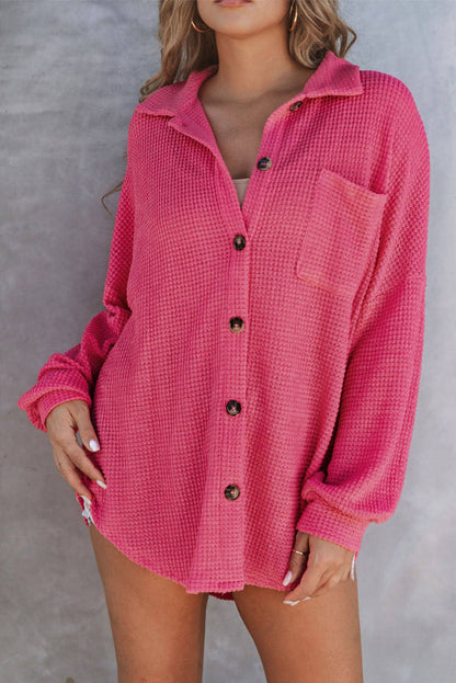 Roze wafelgebreid casual overhemd met knopen