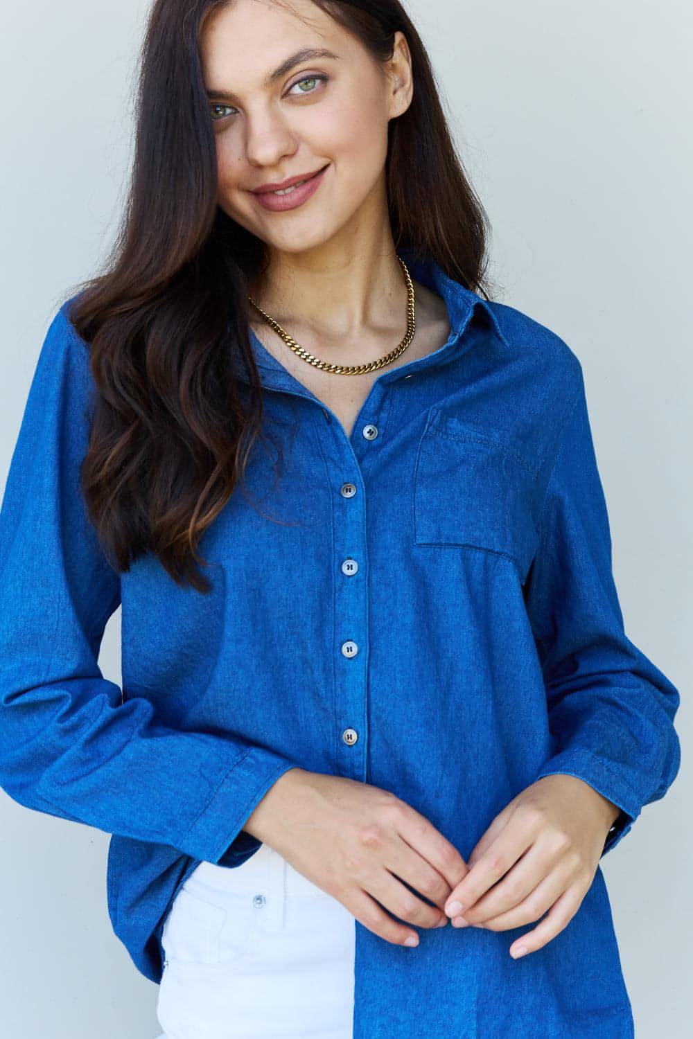 Doublju Blue Baby Denim Button-Down-Hemdoberteil in Dunkelblau