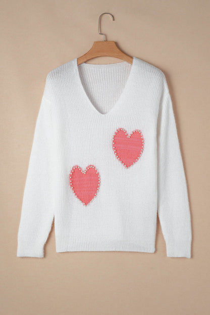 Hvit Pearl Beaded Heart Pattern Fuzzy V-hals genser