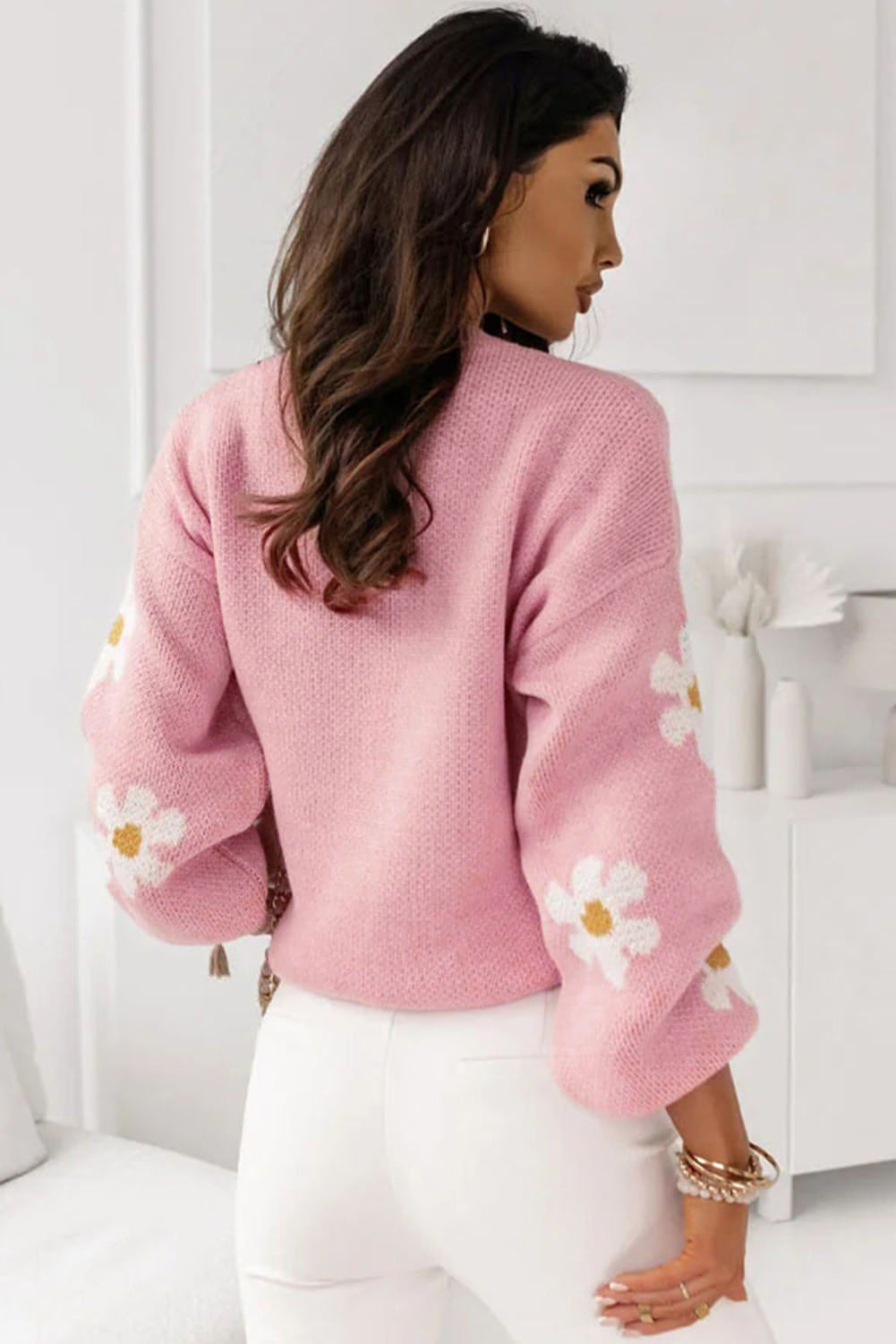 Maglione con spalle scese con motivo floreale rosa