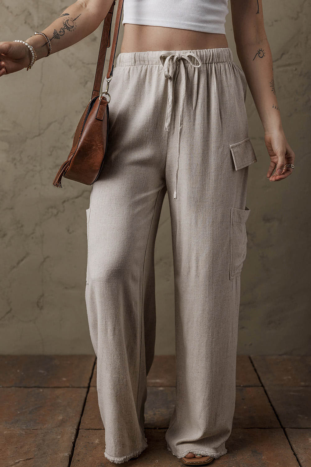 Beige Boho Linen Drawstring Waist Raw Edge Cargo Loose Pants