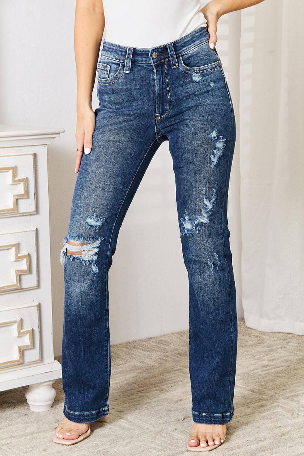 Judy Blue polne velikosti Mid Rise ročno pesek in uniči Bootcut Jeans