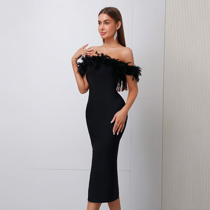 Off-neck Feather Women's Dress