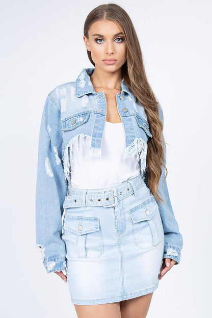 American Bazi Distressed Denim Jacket with Frayed Hem Women