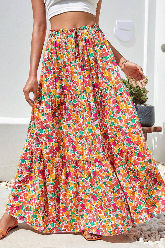 Saia longa de impressão floral de boho amarelo