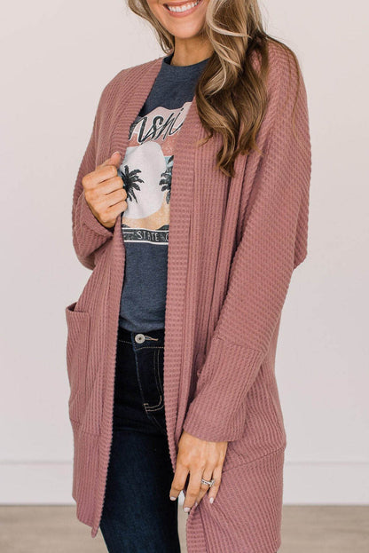 Cardigan in maglia waffle tinta unita rosso minerale con tasca