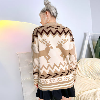 Round Neck Pullover Elk Style Women's Knitted Sweater Women