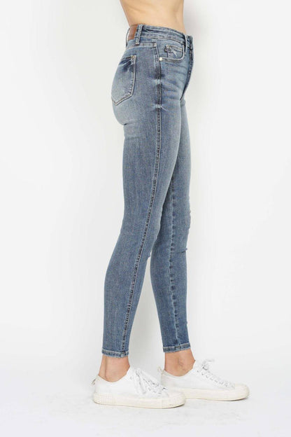 Judy mavi tam boy karın kontrol kontrast yıkama skinny jeans