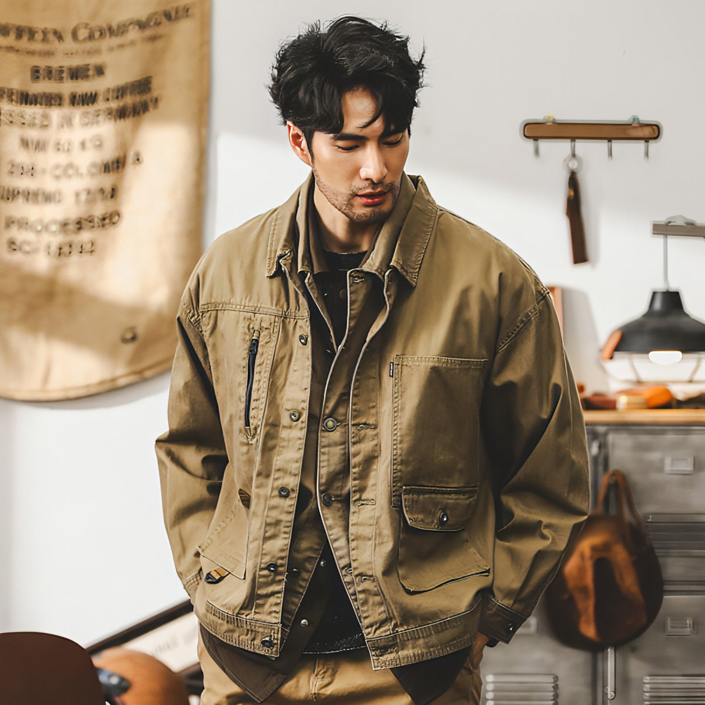 Maillard Retro Heavy Fishbone Pattern Workwear Jacket