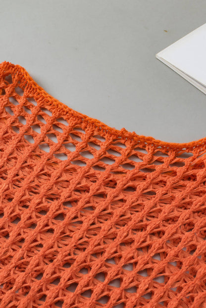 Orange Open Knit Crochet Bell Sleeve Tunic Sweater