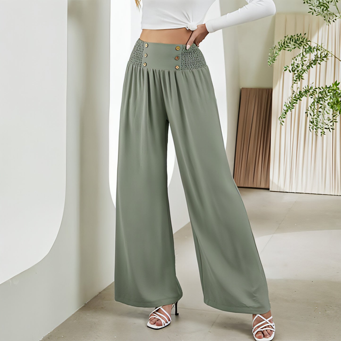 Modische gerade Hose mit weitem Bein, elastische, hohe Taille, Freizeithose für Damen