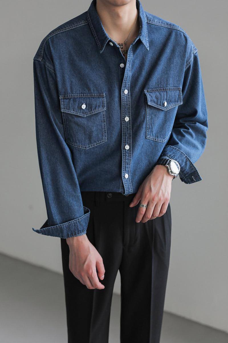 Minority Simple Long Sleeve Denim DressShirt Men's Loose