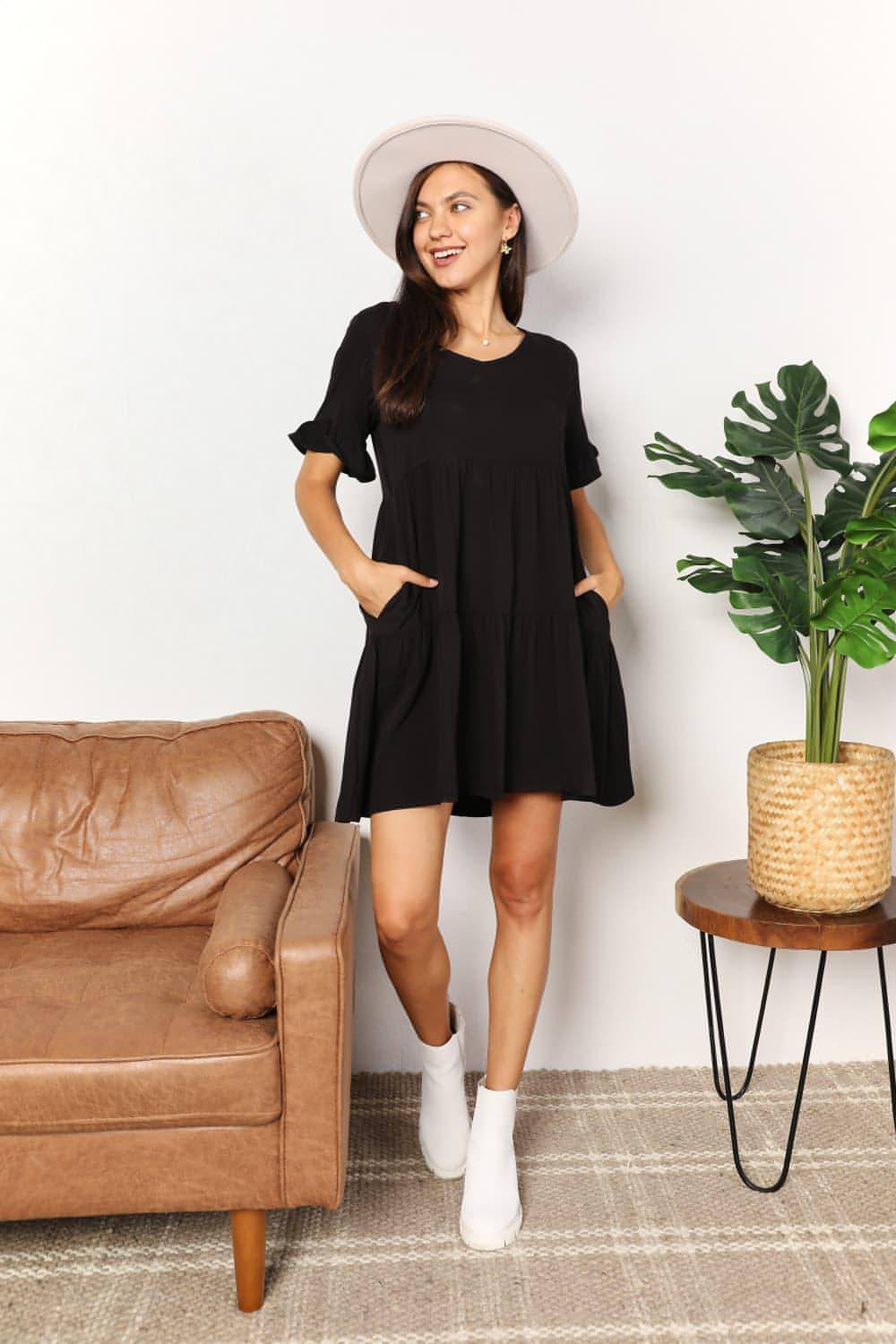 Mandy V-Neck Flounce Sleeve Steiled Dress