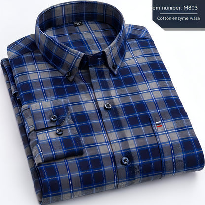 Retro Casual Brushed Cotton Plaid Enzyme Wash Embroidered DressShirt Men