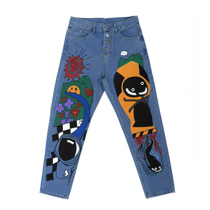 Damen Jeans Haremshose mit Cartoon-Print