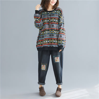 Women's Loose Plush Artistic Warm Striped Round Neck Pullover Knitted Sweater