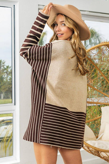 BiBi Striped Contrast Long Sleeve Slit Top