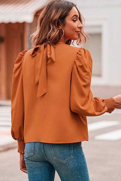 Laranja longa manga bolha mock rush chiffon blusa