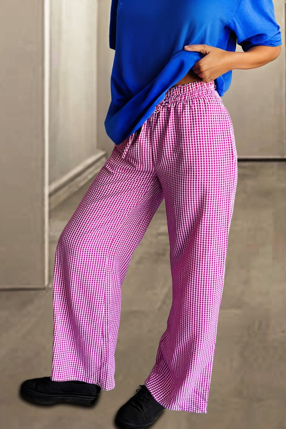 Pink Plaid Print Drawess High Taille Wide Bein Casual Hosen