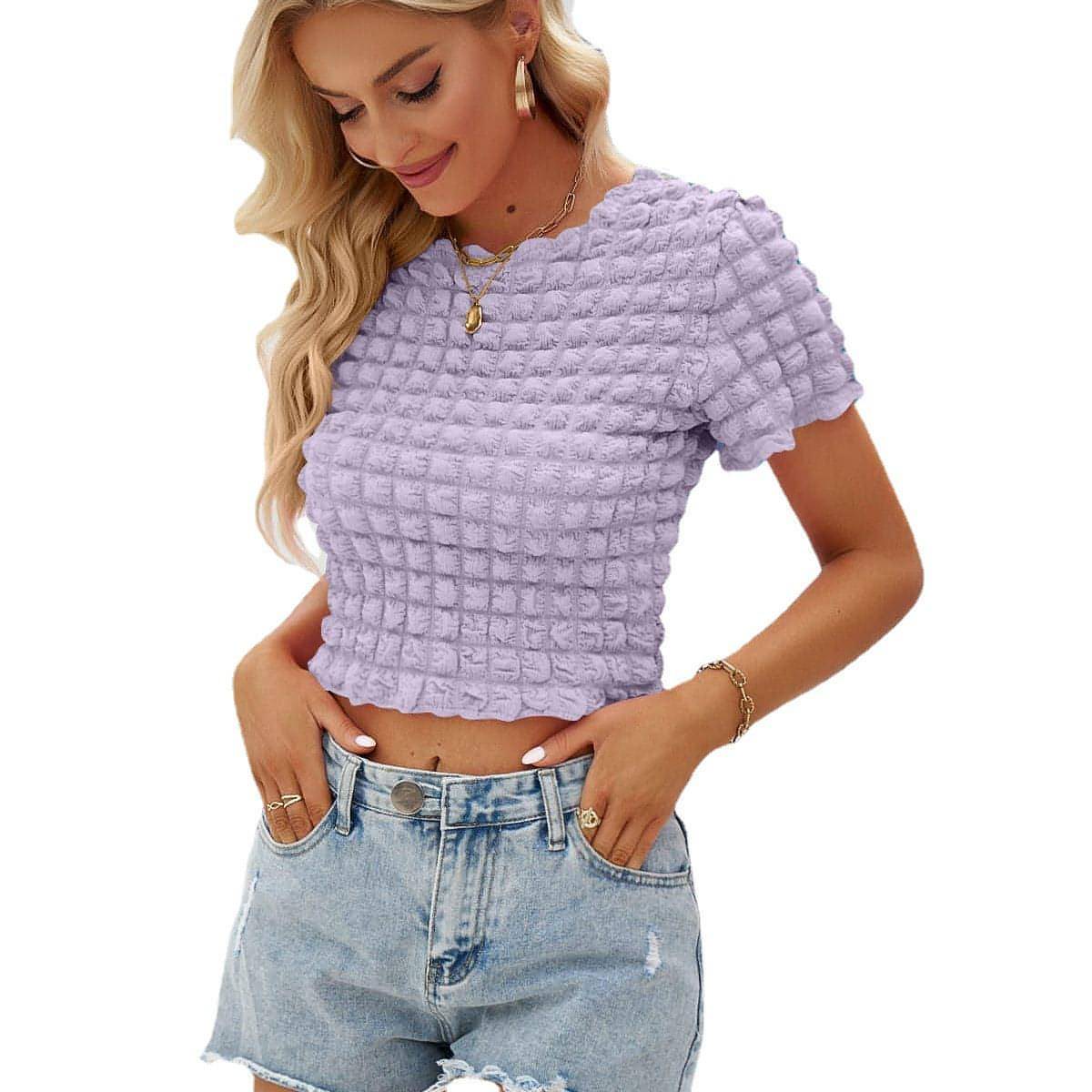 Women Popcorn Cropped Short Sleeve Top T-Shirt