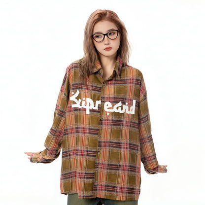 Color-contrast Check Letter Printed Long Sleeve DressShirt