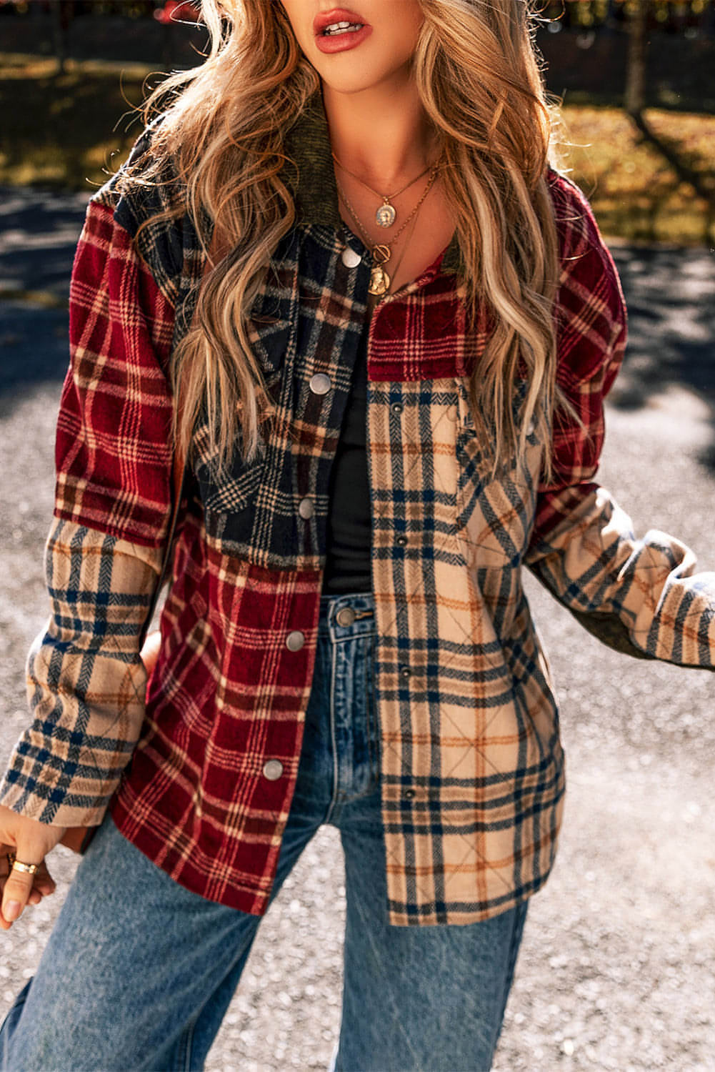 Red Misture Plaid Patchwork Retro Shacket