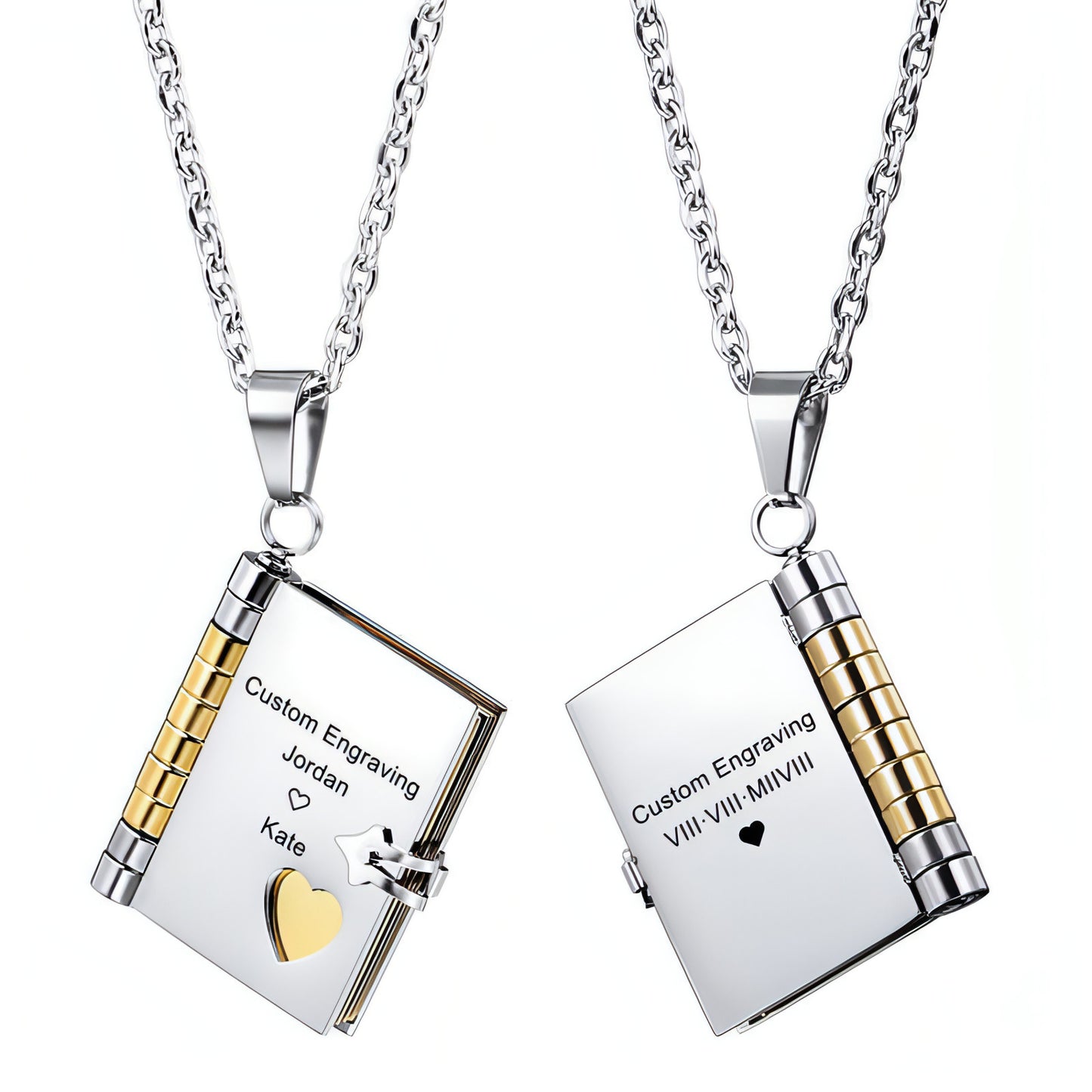 Stainless Steel Couple Book Pendant Necklace With Love