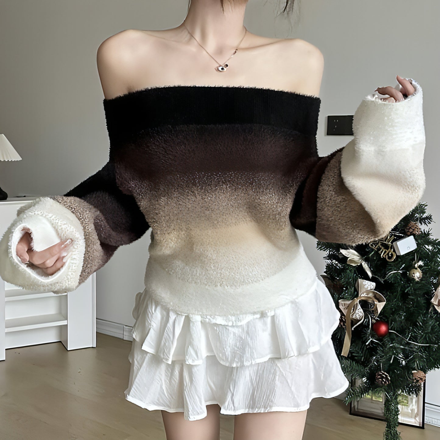 Gradient Off-neck Long-sleeved Woolen Top Women Sweater